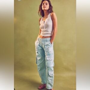 Free People We The Free Lap Of Luxury Low rise Barrel Cargo Jeans Aquamarine 24
